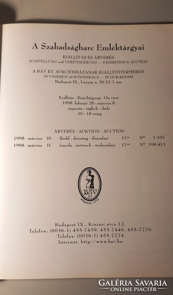 Báv Rt.: A Szabadságharc Emléktárgyai (Aukció, Nudelman gyűjtemény 1998. március 10-11.)