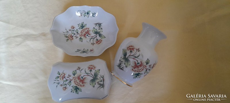 Porcelán hollóháza hollóházi hortenzia mintás váza bonbonier kínáló 3db egyben retro