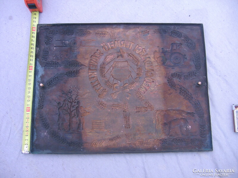 Socialist coat of arms, marked, bronze, agricultural cooperative board, relief - relief