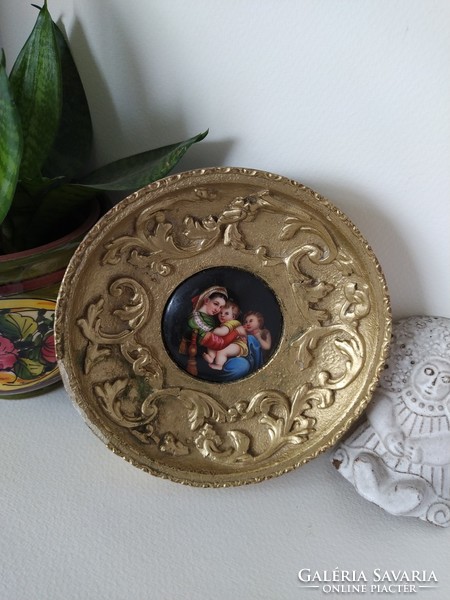 Antique painted Italian porcelain holy image in a gilded wooden frame