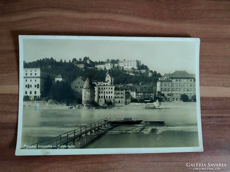 Passau, Pulverturm torony az Inn partján, fotó képeslap, postatiszta