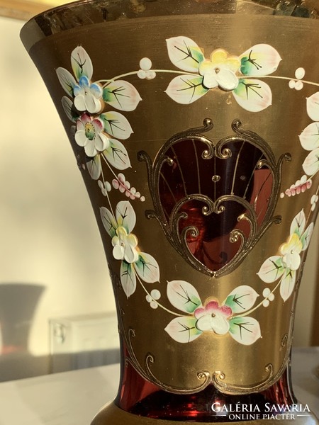 Bohemia Cseh virágos üveg váza aranyozott 26 cm!