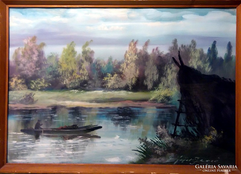 Signed fishing painting, 60 x 42, oil, in original frame