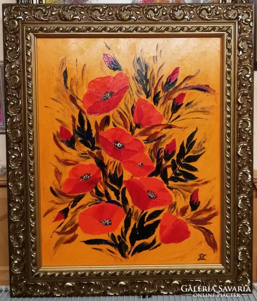 Cinnabar - red and yellow (40 x 50, oil, paint knife, fabulous frame)
