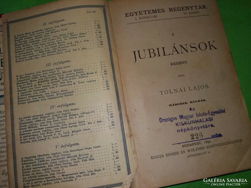 1886: Lajos Tolnai. The jubilants novel book according to the pictures by Singer and Wolfner