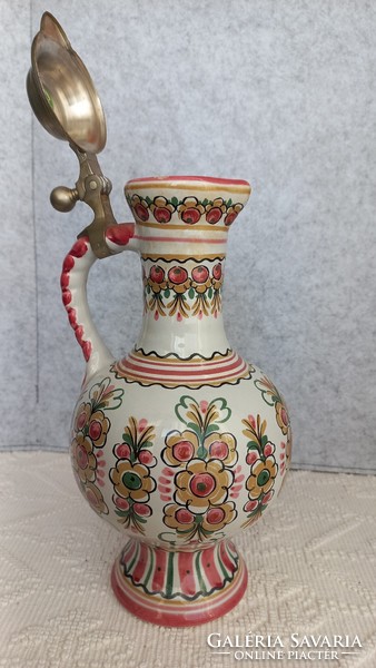 Ulmer ceramic carafe with tin lid, marked, hand decorated, flawless, 27.5 x 6 cm.