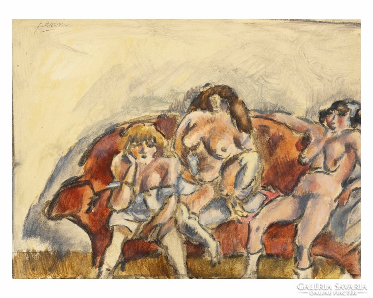 3 Woman on a Red Sofa - Jules Pascin, 1915. Reproduction of watercolor painting