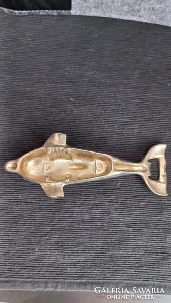 Vintage metal bottle opener in the shape of a dolphin with a screw cap in the belly, opener with chrome coating, 17 cm.