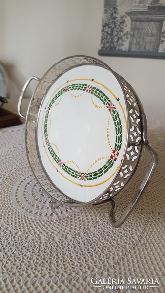 Beautiful, antique porcelain inlay, small tray with a metal frame