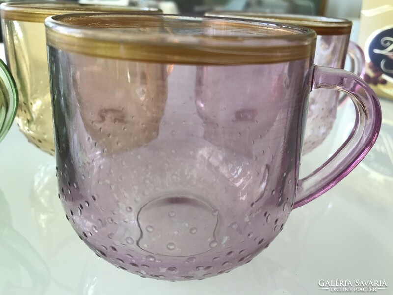 Colored glass mugs with cam decoration, gold rim, 8.5 cm high