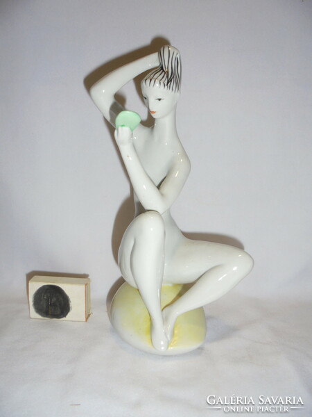 Art deco Zsolnay female nude - woman combing her hair with a mirror - porcelain nipp, figurine