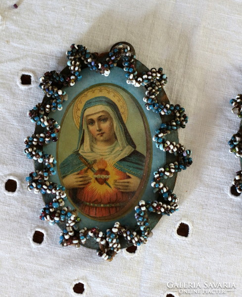 Antique nun's work, holy images of the Virgin Mary and Jesus, with a beaded frame