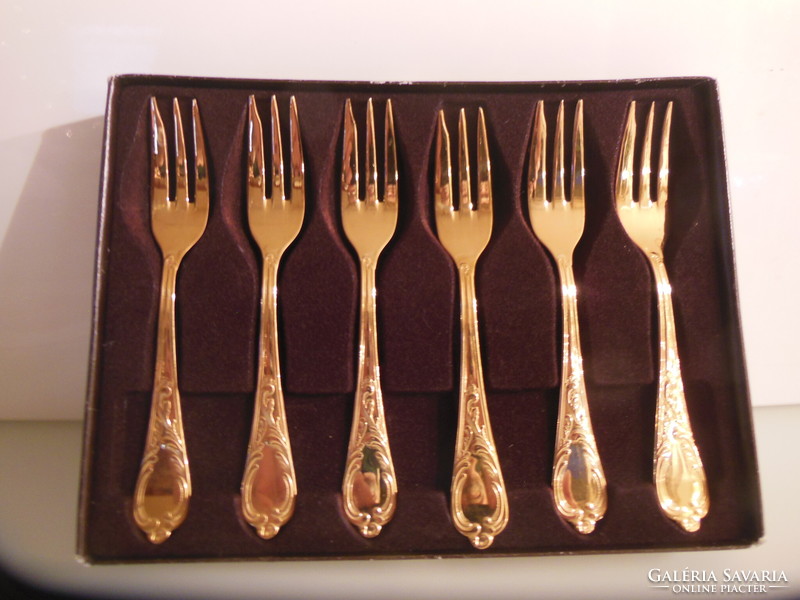 Fork - 6 pcs - 23 k - solingen - gold plated + rococo - cookie fork - 15.5 x 2.5 cm - unopened