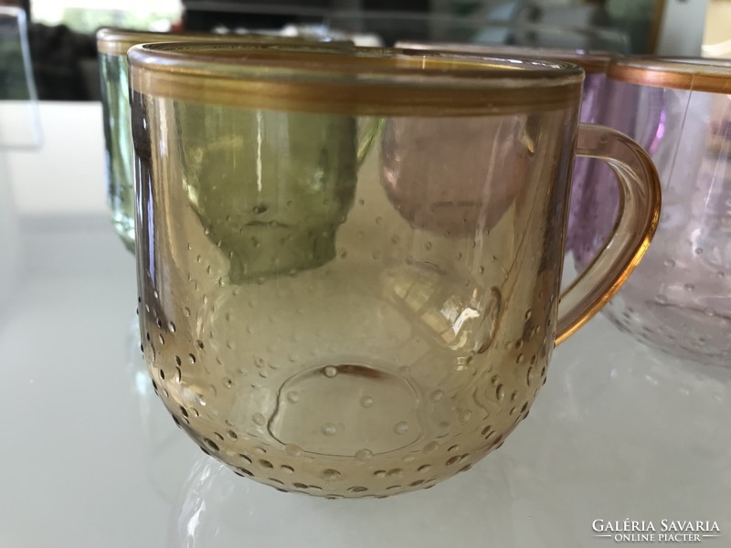 Colored glass mugs with cam decoration, gold rim, 8.5 cm high