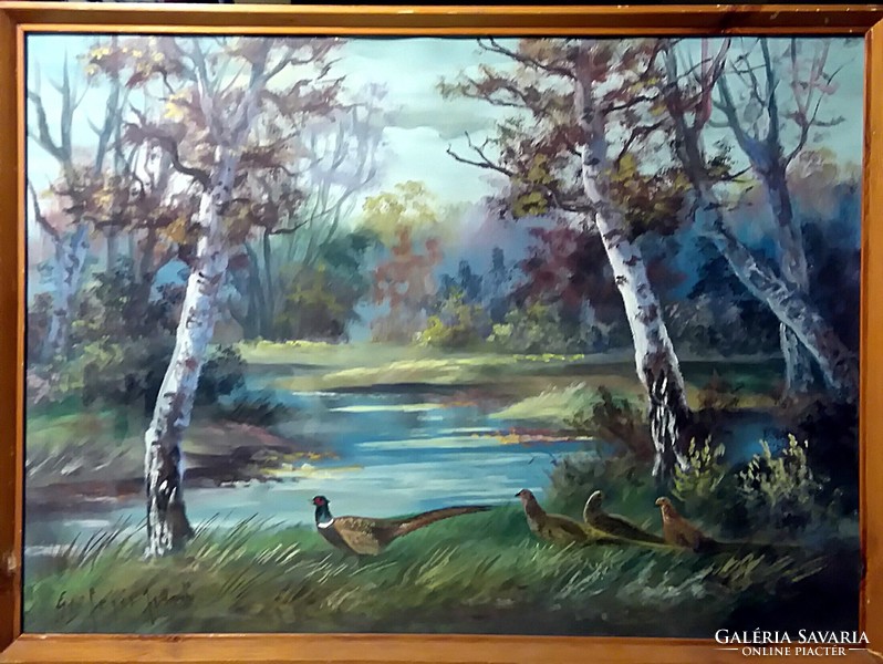 Signed hunting painting, 70 x 50, oil, in original frame
