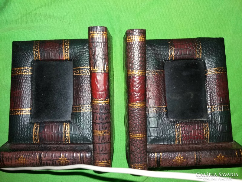 Gyönyörű antik bőrkötött könyvet formázó képtartóval kombinált polcdísz könyvtámasz párképek szerint