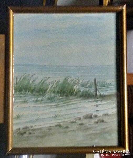 Painting = r. Gisella Barabás: Balaton beach (watercolor, framed, 22 x 26.5 cm)