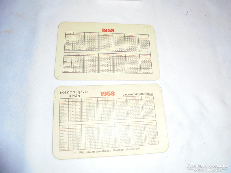 Two 1958 card calendars together - sugar factory, farmers' cooperative