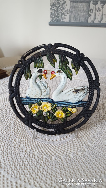 Painted swan, floral cast iron dish coaster