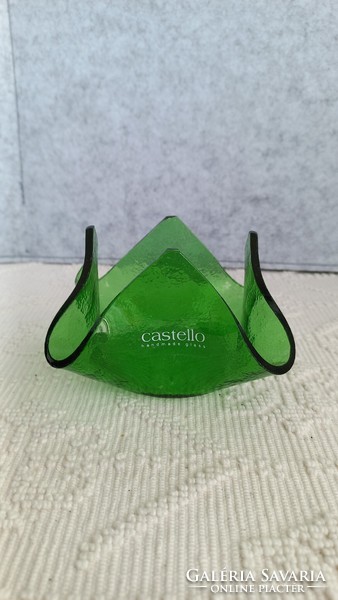 Emerald colored transparent glass candle holder, marked, handmade, 7 x 8 x 7 cm