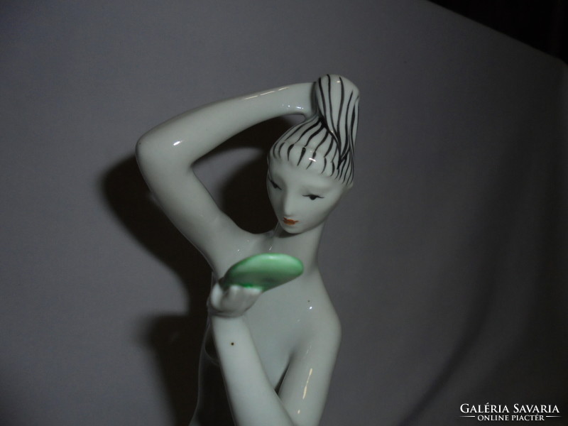Art deco Zsolnay női akt - fésülködő nő tükörrel - porcelán nipp, figura