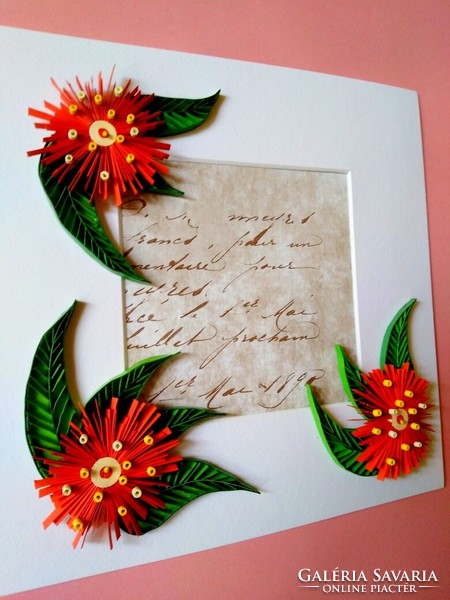 Decorative flower composition with quilling technique, in a black, recessed, 25.5x25.5cm frame