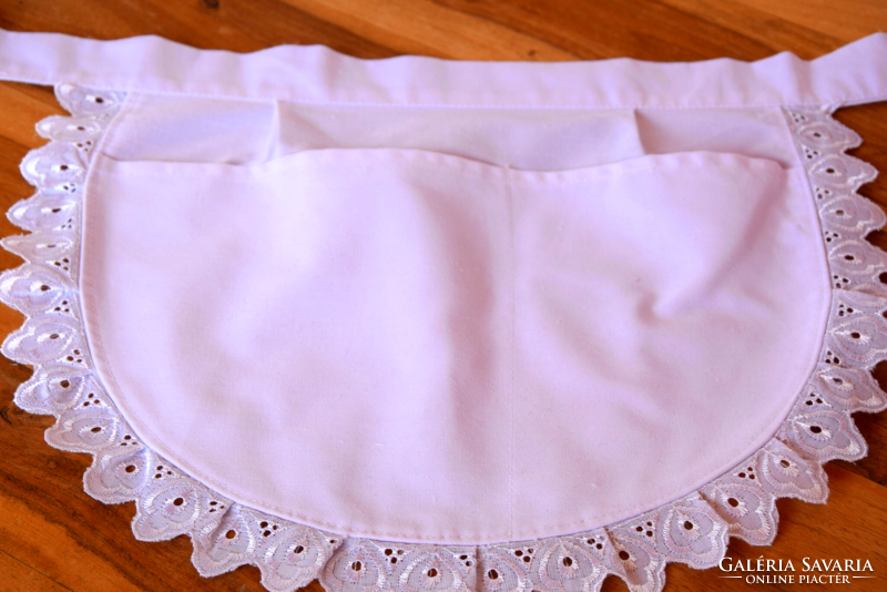 Antique old folk, women's linen apron with madeira lace