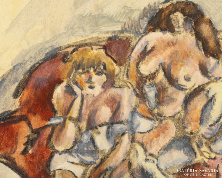 3 Woman on a Red Sofa - Jules Pascin, 1915. Reproduction of watercolor painting