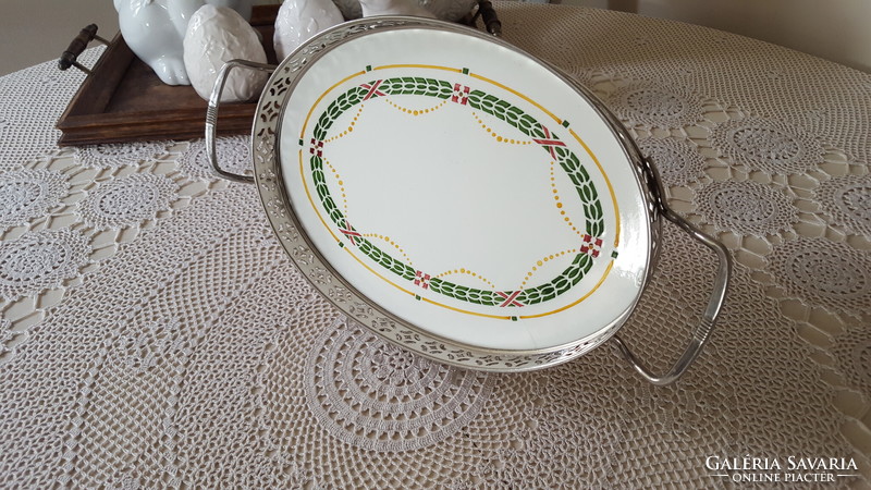 Beautiful, antique porcelain inlay, small tray with a metal frame