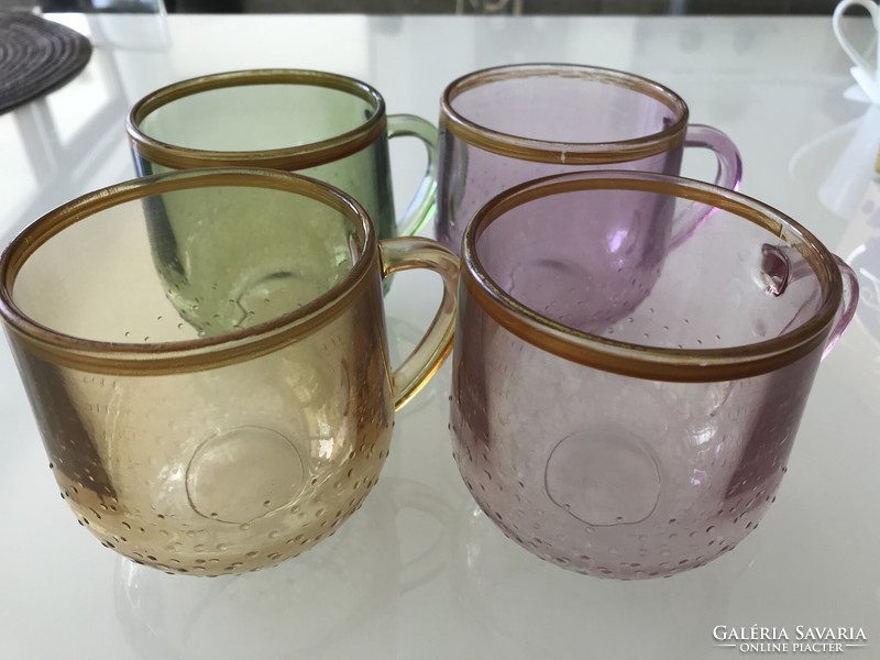 Colored glass mugs with cam decoration, gold rim, 8.5 cm high