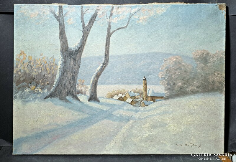 Vasvári wertheimer s.: Winter panorama - a city on the Danube? (Oil, canvas) landscape with mountains