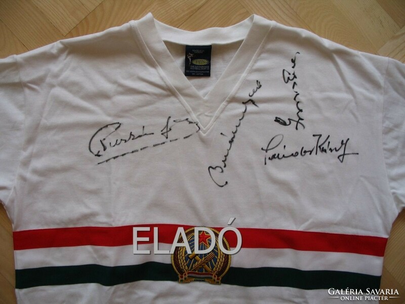 Gold team dedicated Olympic replica jersey signed by Ferenc Puskás, Grosics, Buzánszky, Károly Sándor