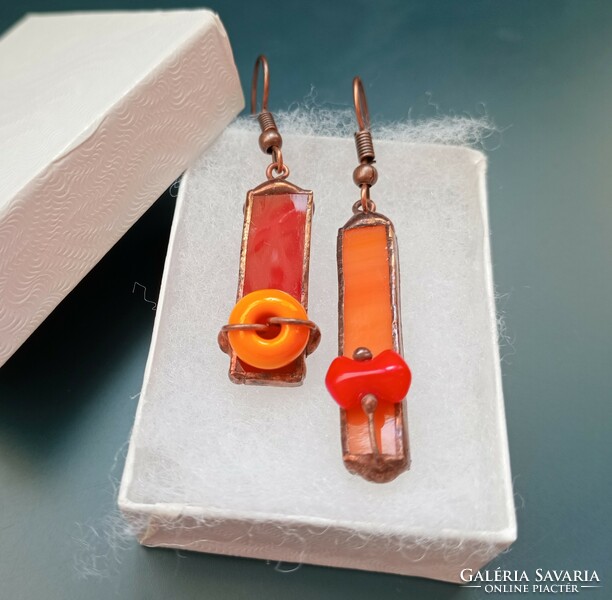 Special, clownish, very unique glass earrings made of red and tangerine glass and glass beads