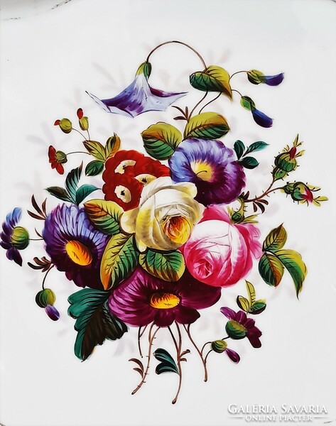 Gyönyörű 19. sz-i antik kézzel festett virágmintás porcelán tálca