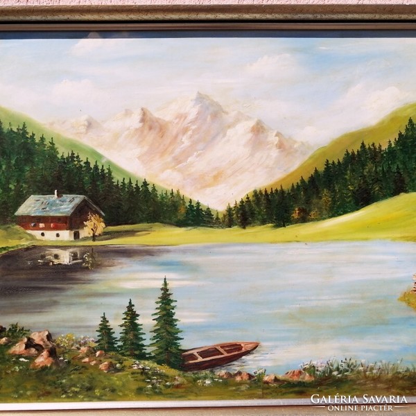 Tyrolean landscape with forest lake and cottage, signed painting from Austria