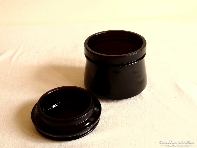 Old dark brown black thick-walled cast glass storage jar with lid cosmetics pharmacy pharmacy