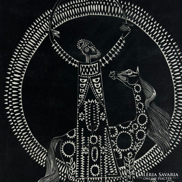 Balázs Jr. - 1971 - shaman greeting the dawn - linocut -