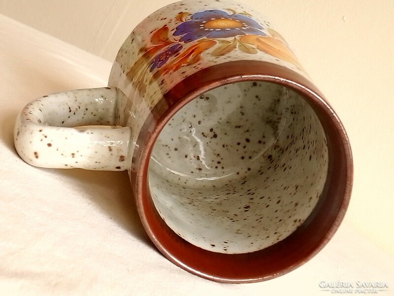 Old polka dot glazed porcelain milk jug Krigli giant mug flower pattern marked 6 dl German bmf