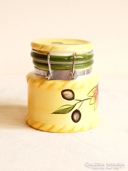 Kedves kis napraforgó és olíva bogyó mintás csatos fedeles mázas kerámia tároló edény 8,5 cm
