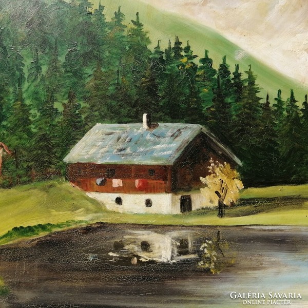 Tyrolean landscape with forest lake and cottage, signed painting from Austria