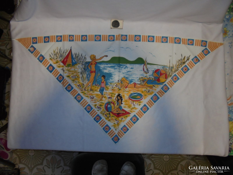 Old scarf, headscarf with a printed pattern scene with a beach scene - Balaton souvenir, piece of nostalgia