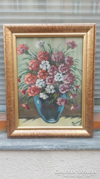Marked oil-cardboard floral still life painting with frame