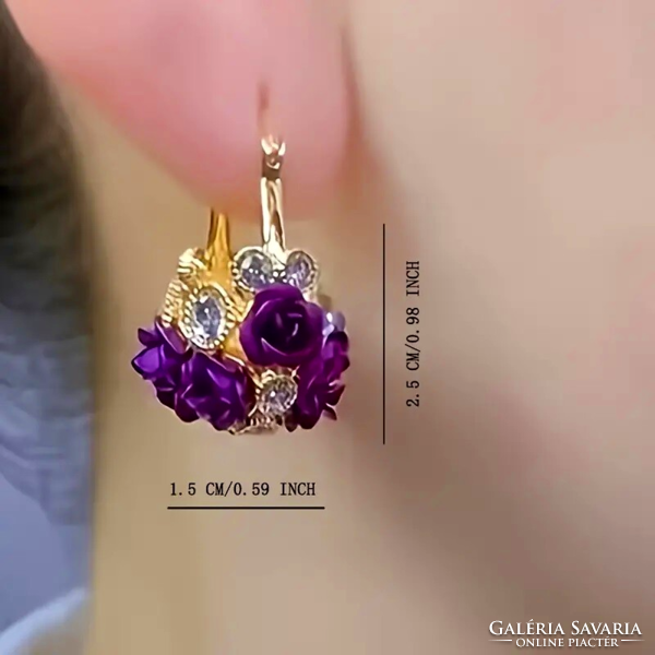 Purple rose earrings with clear crystals 404