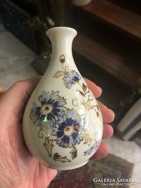 Zsolnay vase with cornflower pattern, narrow neck, 11.5 cm high