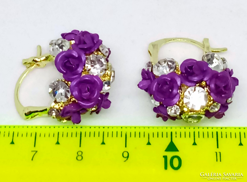 Purple rose earrings with clear crystals 404