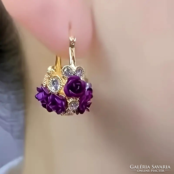 Purple rose earrings with clear crystals 404