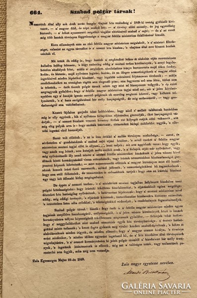 1848! EREKLYE! A Szabadságharc Zala Vármegyei aláírt röpirata!!!