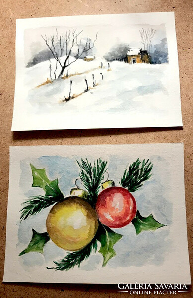 4 handmade watercolor Christmas cards in one package - no print