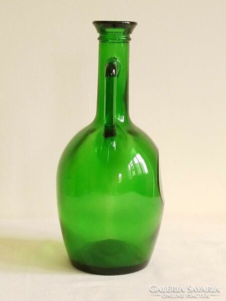 Gerresheimer Glashütte régi zöld színes öntött üveg korsó palack kiöntő váza dupla füles 23,5 cm