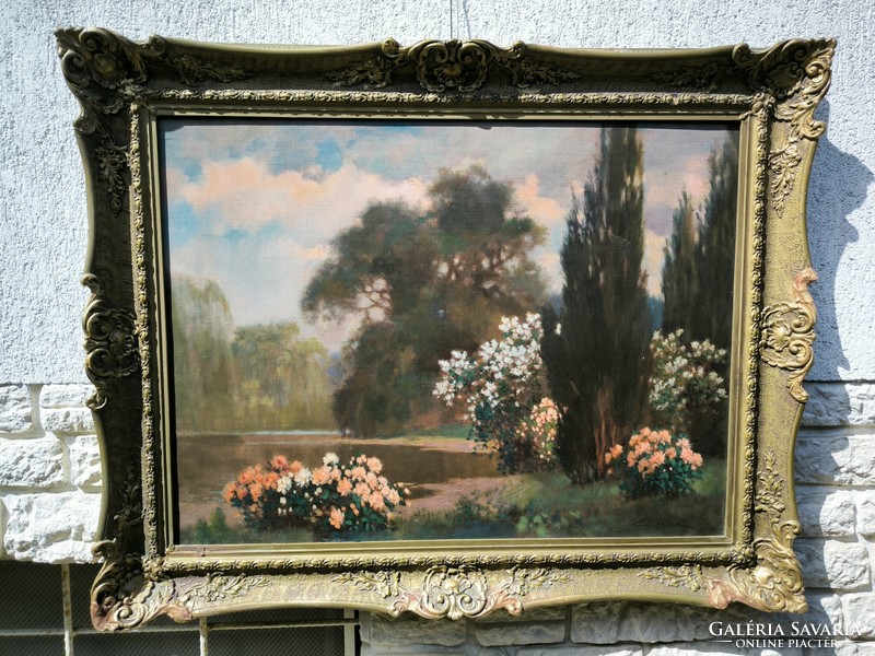 Antique huge Torday painting by Mihály Székely, castle park, good quality painting 100 x 76 cm.